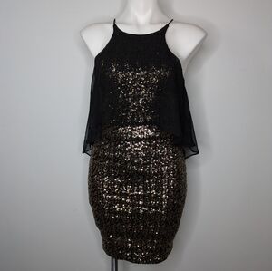 Dress The Population Camille black gold sequin sheer overlay bodycon dress S